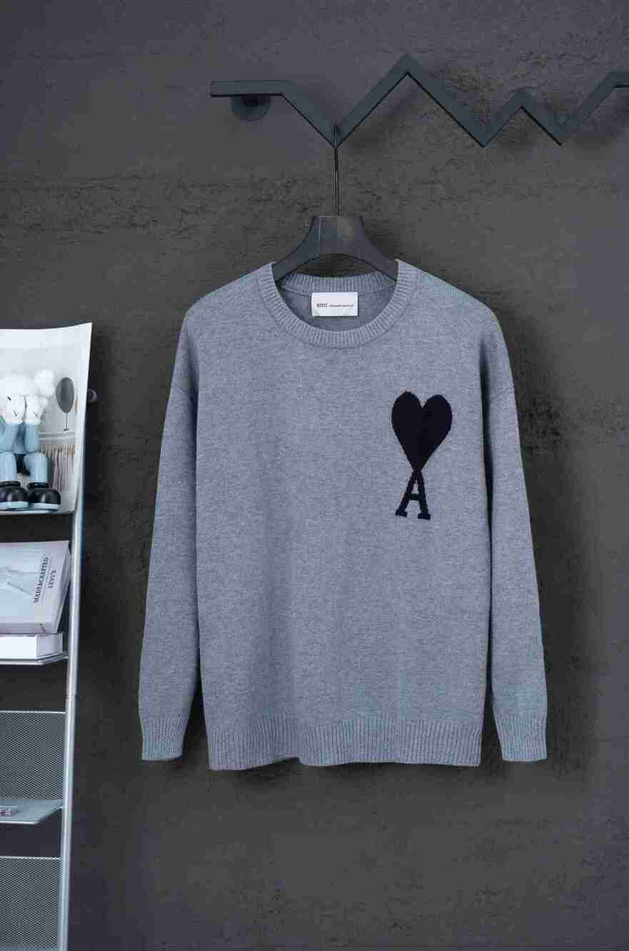 AMI Paris Heather Grey Unisex Black Heart‑A Crewneck Sweater